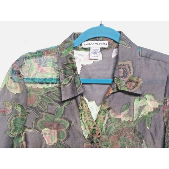 Bamboo traders blouse FLAX BLEND Size M gray green collared button up semi-sheer - Picture 4 of 8